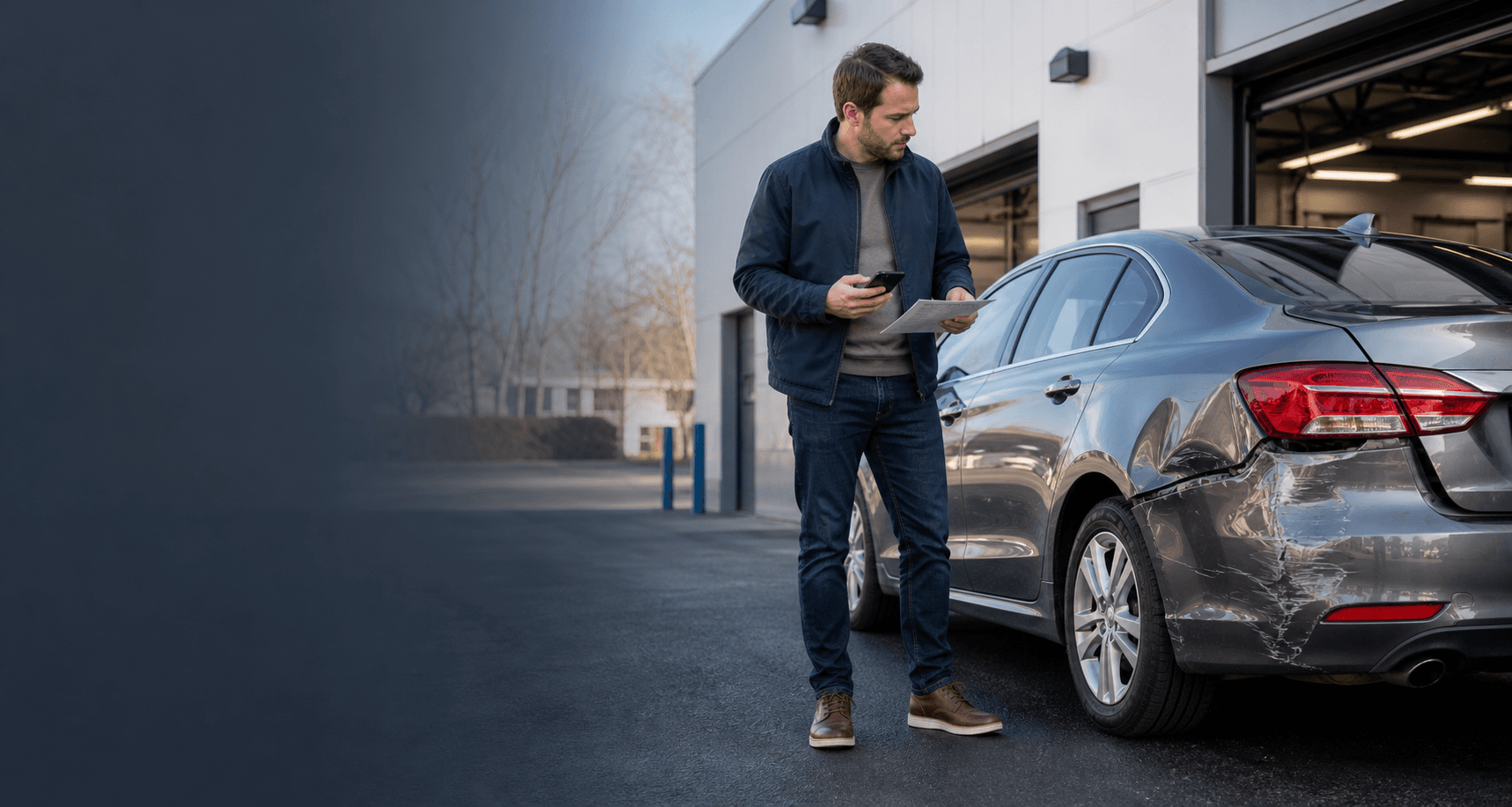 Driver reviewing collision damage and an insurance estimate beside a repair facility